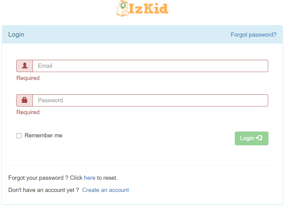 IZKid Login panel