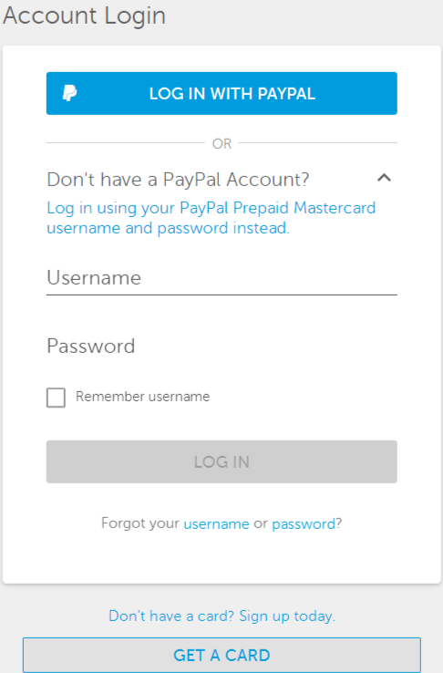 Paypal prepaid mastercard login